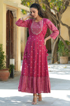 Juniper Women's Fuchsia Ethnic Motif Printed Viscose Dress With Doris & Sequins | Grocsy
