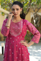 Juniper Women's Fuchsia Ethnic Motif Printed Viscose Dress With Doris & Sequins | Grocsy