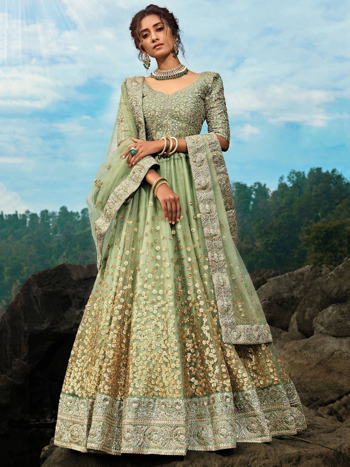 Tulsi Art Green Zari Worked Soft Net Wedding Wear Lehenga Choli | Grocsy