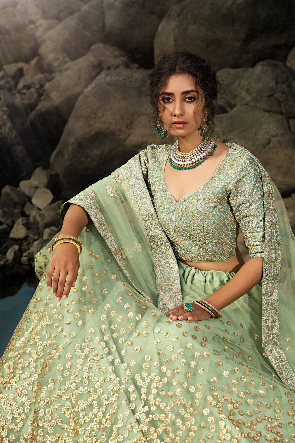 Tulsi Art Green Zari Worked Soft Net Wedding Wear Lehenga Choli | Grocsy