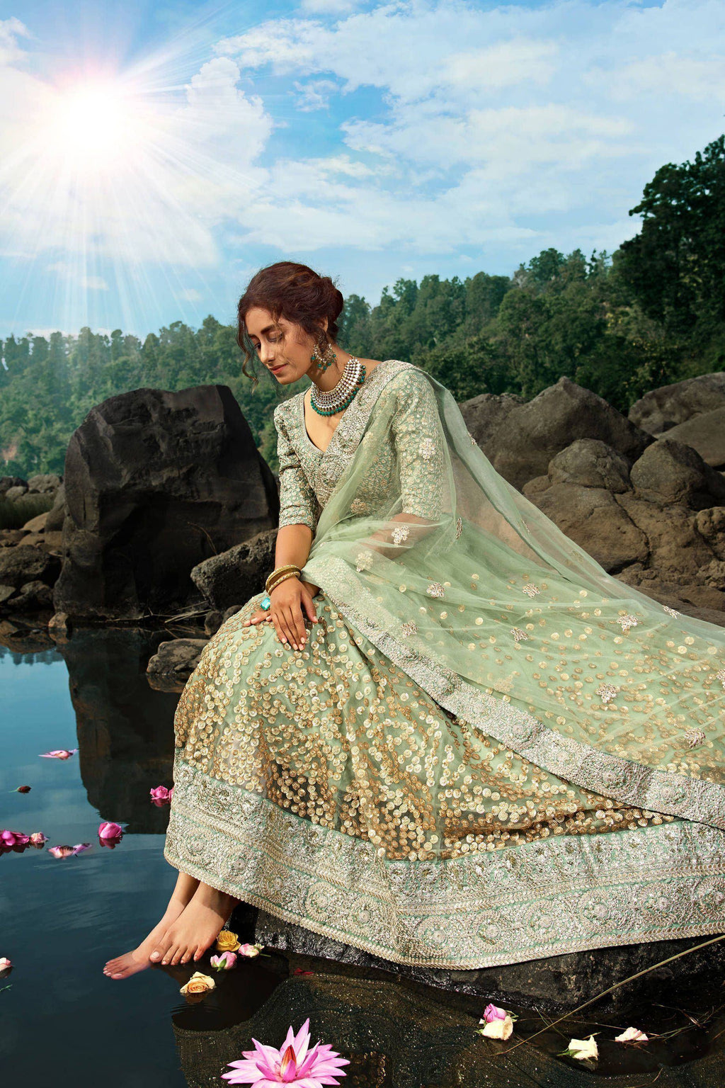 Tulsi Art Green Zari Worked Soft Net Wedding Wear Lehenga Choli | Grocsy