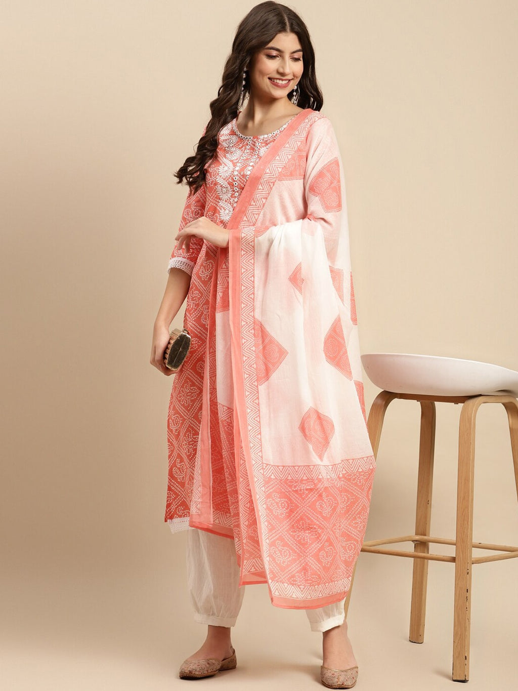 Sangria Orange & White Bandhani Printed Pure Cotton Kurta With Trouser & Dupatta | Grocsy