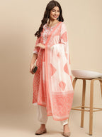 Sangria Orange & White Bandhani Printed Pure Cotton Kurta With Trouser & Dupatta | Grocsy