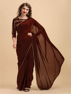 Sangria Coffee Brown & Golden Embroidered Satin Saree | Grocsy