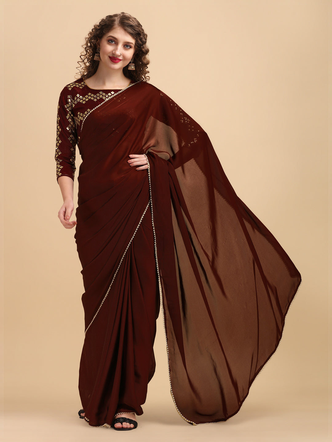 Sangria Coffee Brown & Golden Embroidered Satin Saree | Grocsy