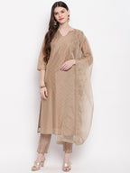 Janasya Women Brown Printed Kurta with Trousers & Dupatta | Grocsy