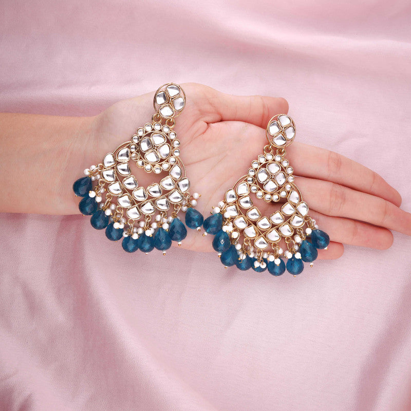 Tehzeeb Creations Gold Polish Kundan Sky Blue Colour Earrings | Grocsy