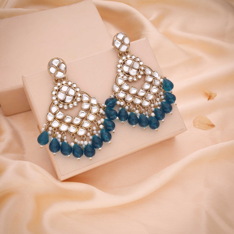 Tehzeeb Creations Gold Polish Kundan Sky Blue Colour Earrings | Grocsy