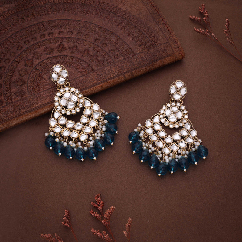 Tehzeeb Creations Gold Polish Kundan Sky Blue Colour Earrings | Grocsy