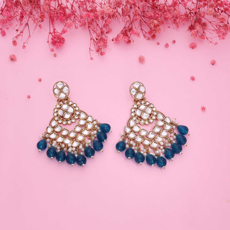 Tehzeeb Creations Gold Polish Kundan Sky Blue Colour Earrings | Grocsy