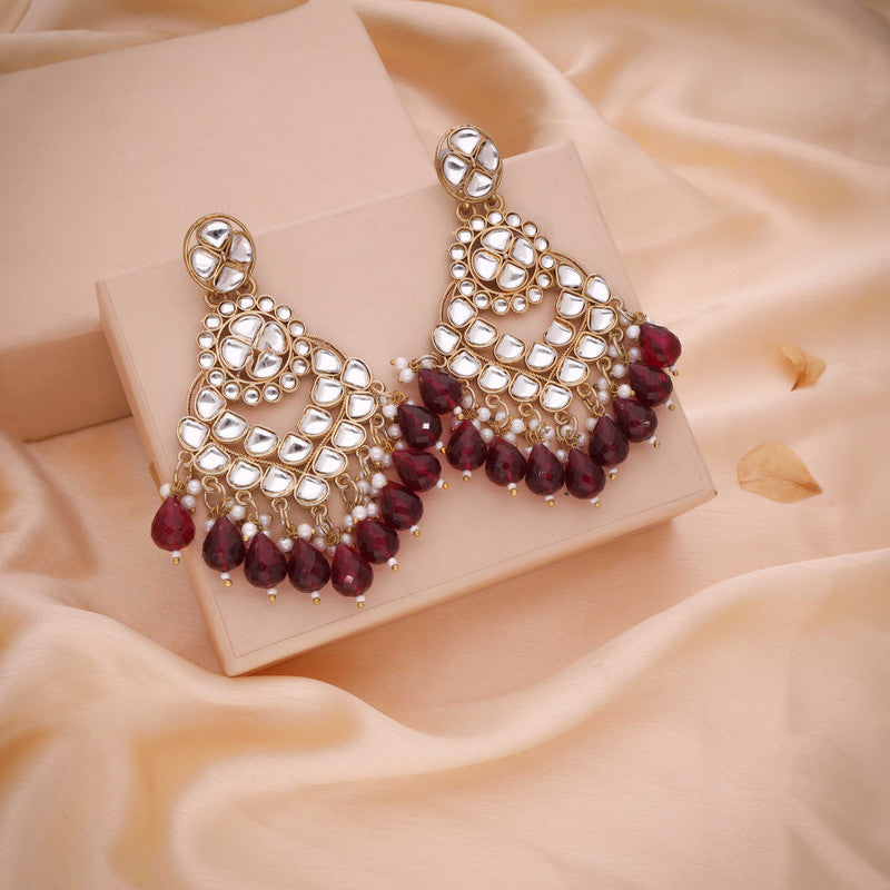 Tehzeeb Creations Gold Polish Kundan Maroon Colour Earrings | Grocsy
