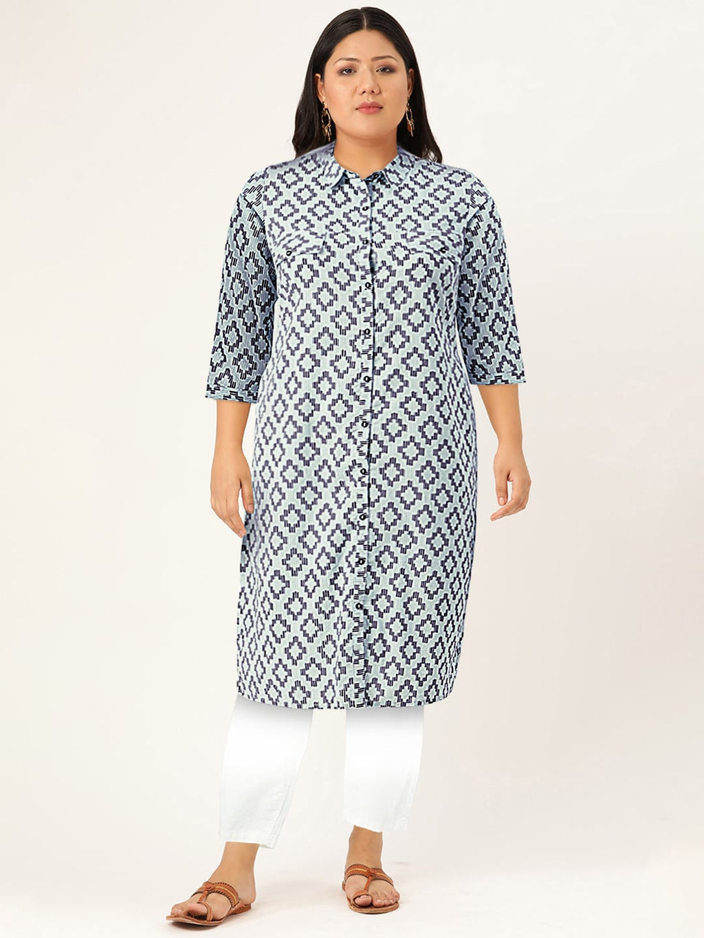 Sangria Women Navy Blue & Grey Pure Cotton Geometric Printed Kurta | Grocsy