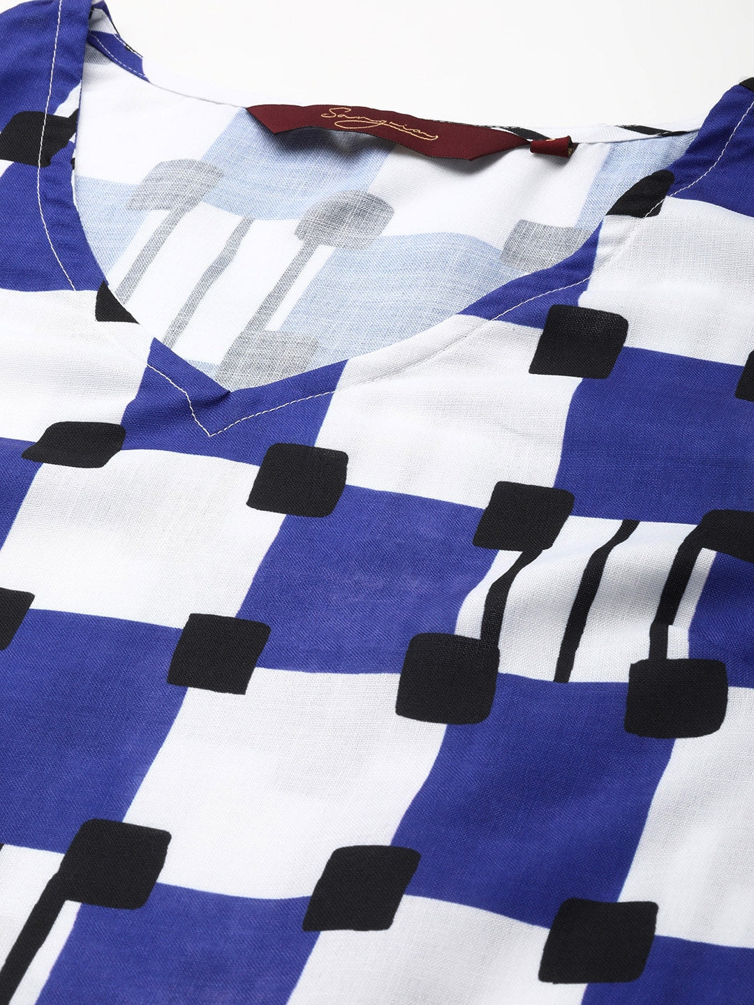 Sangria Women Navy Blue & White Printed A-Line Kurta with Trousers | Grocsy