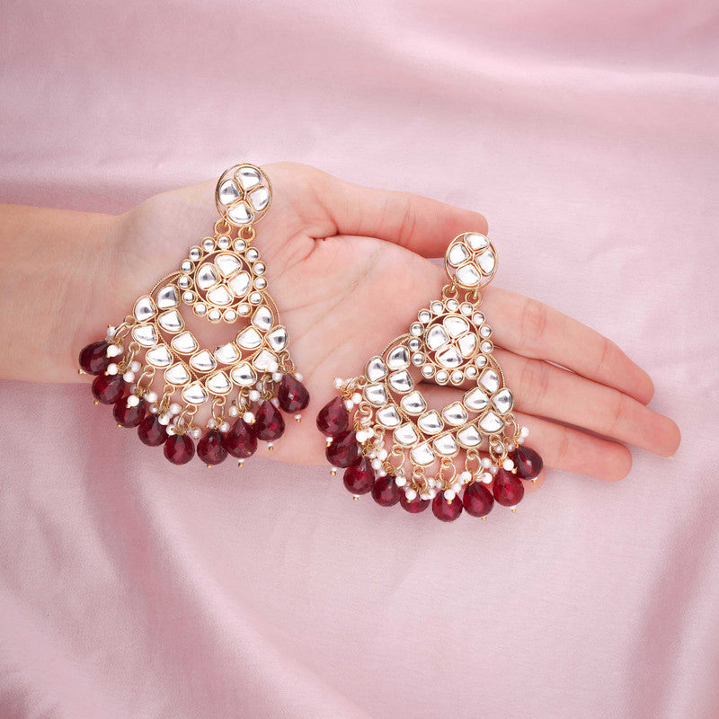 Tehzeeb Creations Gold Polish Kundan Maroon Colour Earrings | Grocsy