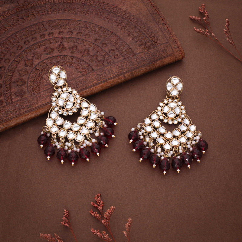 Tehzeeb Creations Gold Polish Kundan Maroon Colour Earrings | Grocsy