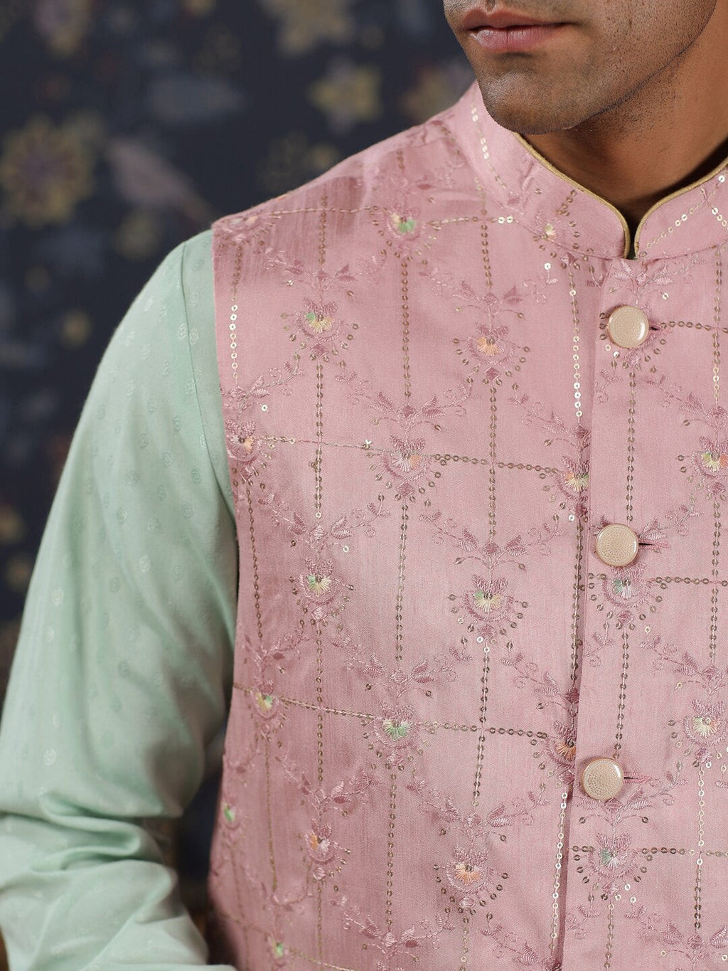 House of Pataudi Mandarin Collar Straight Kurta With Churidar & Embroidered Nehru Jacket | Grocsy