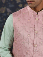 House of Pataudi Mandarin Collar Straight Kurta With Churidar & Embroidered Nehru Jacket | Grocsy