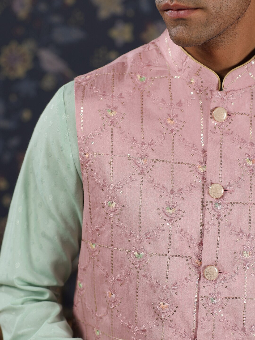 House of Pataudi Mandarin Collar Straight Kurta With Churidar & Embroidered Nehru Jacket | Grocsy