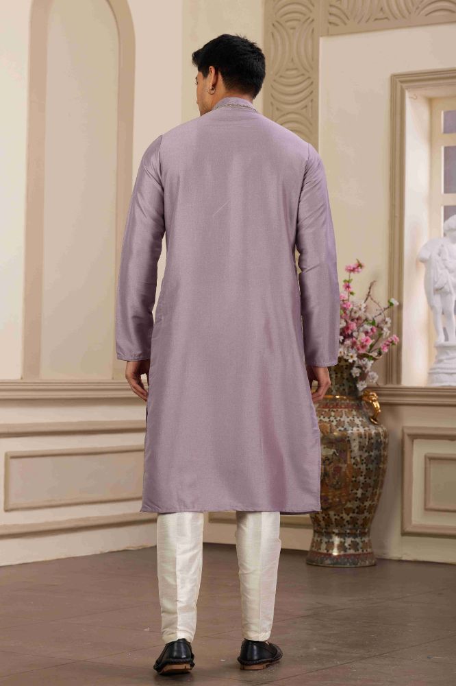 Raivat Ethnic Banarasi Art Silk Hand Work Kurta Pajama In Purple Colour | Grocsy