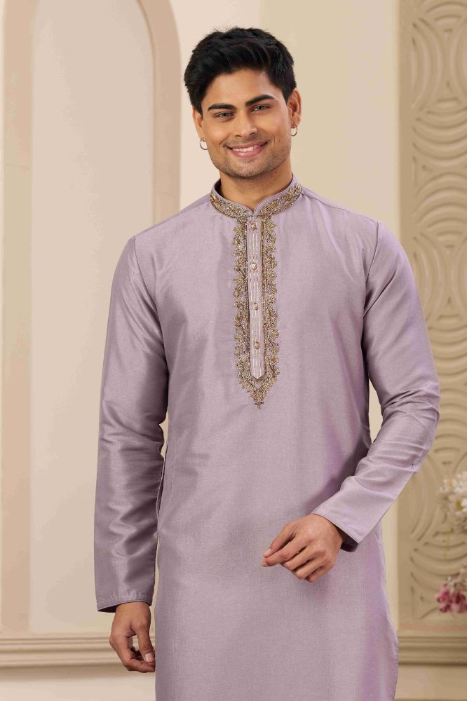 Raivat Ethnic Banarasi Art Silk Hand Work Kurta Pajama In Purple Colour | Grocsy