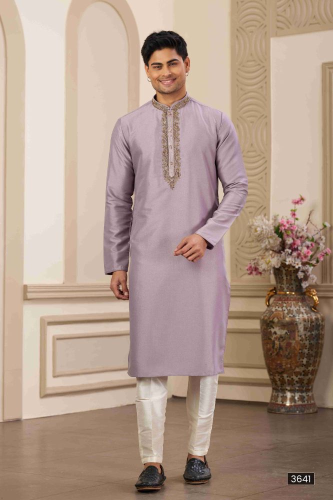 Raivat Ethnic Banarasi Art Silk Hand Work Kurta Pajama In Purple Colour | Grocsy