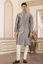 Raivat Ethnic Banarasi Art Silk Hand Work Kurta Pajama In Grey Colour | Grocsy