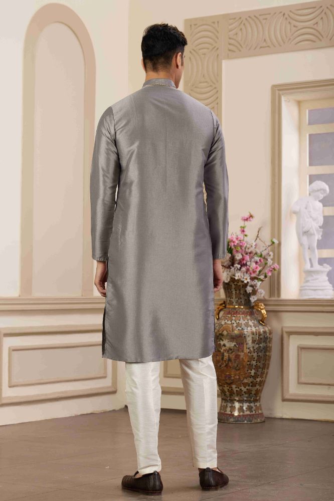 Raivat Ethnic Banarasi Art Silk Hand Work Kurta Pajama In Grey Colour | Grocsy