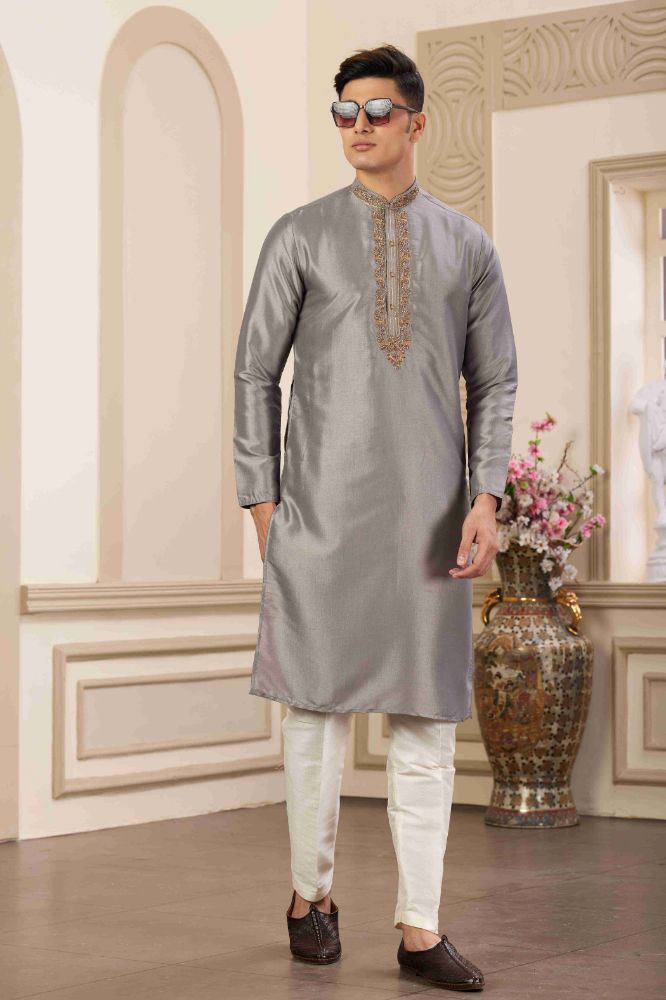 Raivat Ethnic Banarasi Art Silk Hand Work Kurta Pajama In Grey Colour | Grocsy