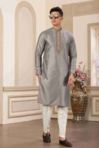 Raivat Ethnic Banarasi Art Silk Hand Work Kurta Pajama In Grey Colour | Grocsy