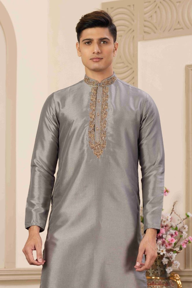 Raivat Ethnic Banarasi Art Silk Hand Work Kurta Pajama In Grey Colour | Grocsy