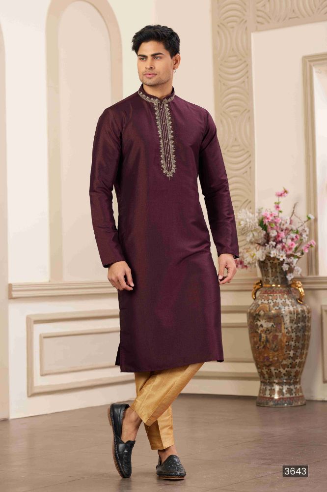 Raivat Ethnic Banarasi Art Silk Hand Work Kurta Pajama In Wine Colour | Grocsy