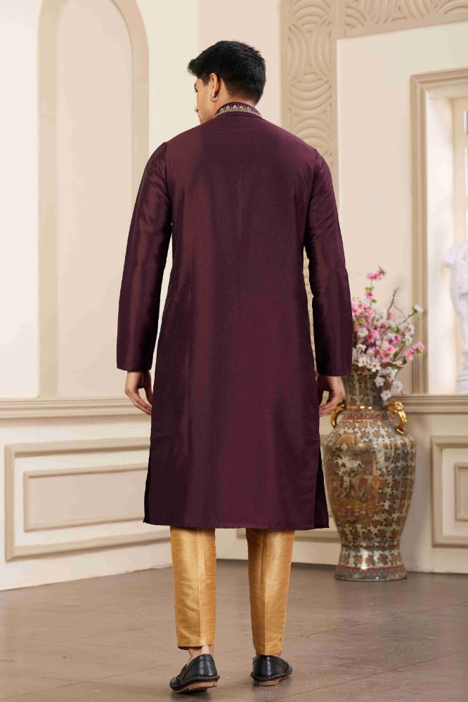 Raivat Ethnic Banarasi Art Silk Hand Work Kurta Pajama In Wine Colour | Grocsy