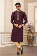 Raivat Ethnic Banarasi Art Silk Hand Work Kurta Pajama In Wine Colour | Grocsy