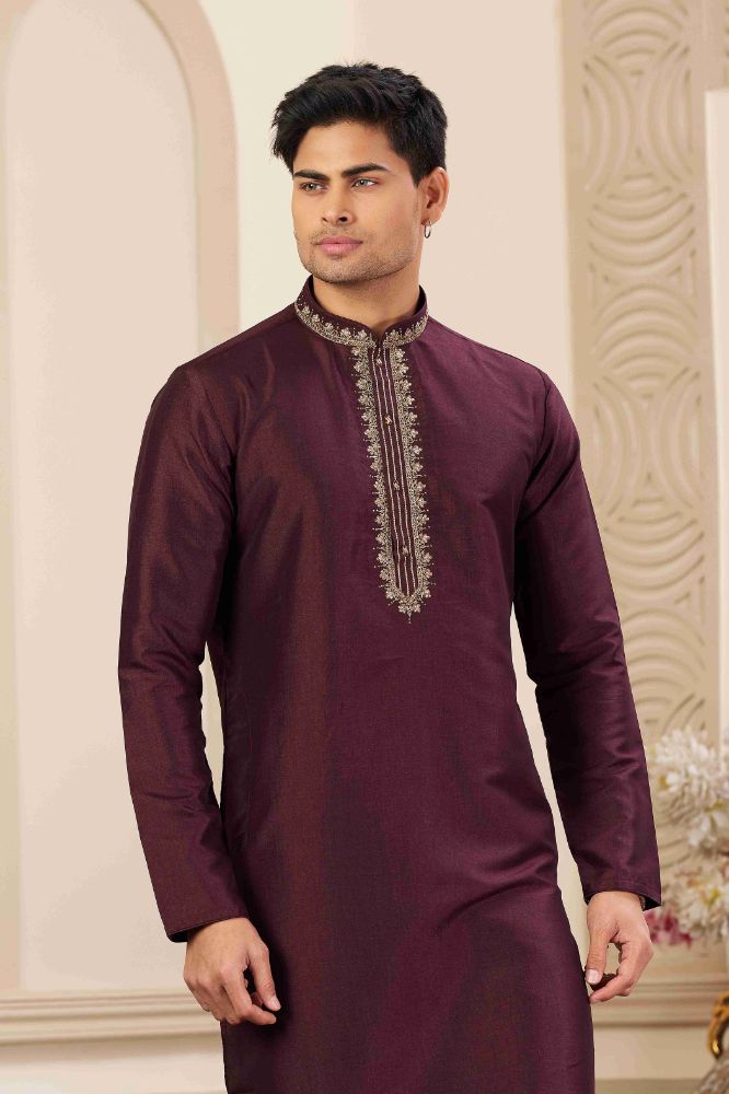 Raivat Ethnic Banarasi Art Silk Hand Work Kurta Pajama In Wine Colour | Grocsy
