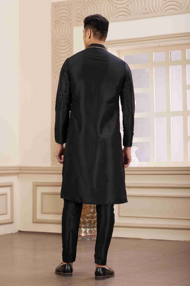 Raivat Ethnic Banarasi Art Silk Hand Work Kurta Pajama In Black Colour | Grocsy