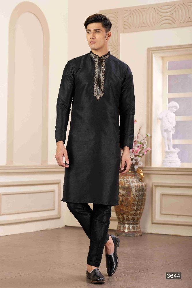 Raivat Ethnic Banarasi Art Silk Hand Work Kurta Pajama In Black Colour | Grocsy
