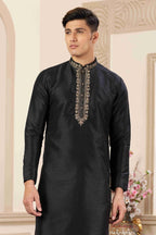 Raivat Ethnic Banarasi Art Silk Hand Work Kurta Pajama In Black Colour | Grocsy