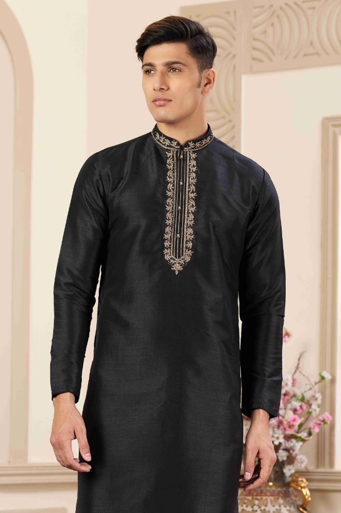 Raivat Ethnic Banarasi Art Silk Hand Work Kurta Pajama In Black Colour | Grocsy