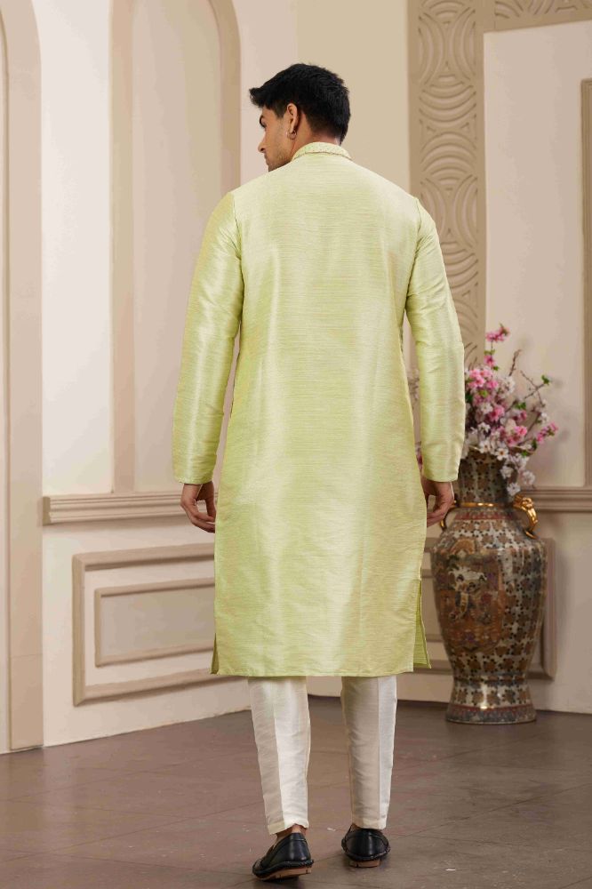 Raivat Ethnic Banarasi Art Silk Hand Work Kurta Pajama In Pista Green Colour | Grocsy