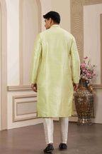 Raivat Ethnic Banarasi Art Silk Hand Work Kurta Pajama In Pista Green Colour | Grocsy