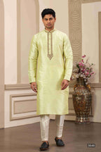 Raivat Ethnic Banarasi Art Silk Hand Work Kurta Pajama In Pista Green Colour | Grocsy