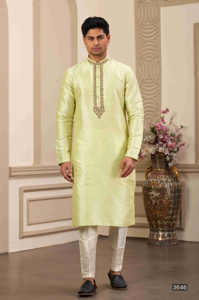Raivat Ethnic Banarasi Art Silk Hand Work Kurta Pajama In Pista Green Colour | Grocsy