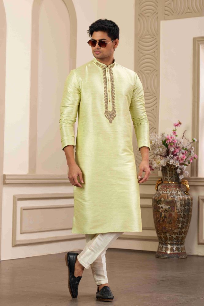 Raivat Ethnic Banarasi Art Silk Hand Work Kurta Pajama In Pista Green Colour | Grocsy