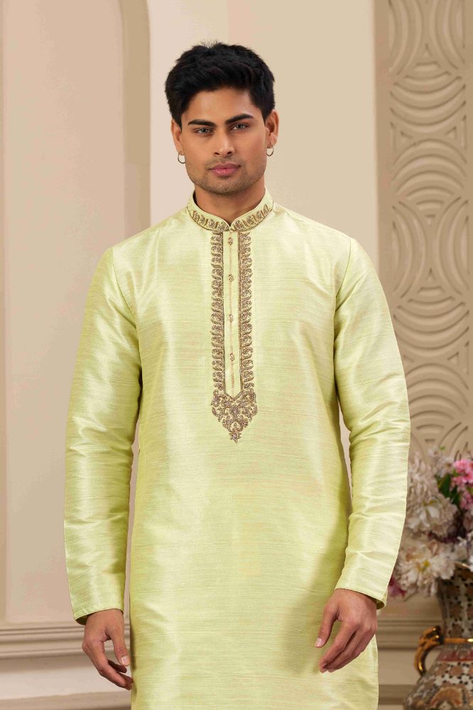 Raivat Ethnic Banarasi Art Silk Hand Work Kurta Pajama In Pista Green Colour | Grocsy