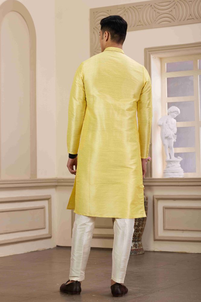Raivat Ethnic Banarasi Art Silk Hand Work Kurta Pajama In Lemon Yellow Colour | Grocsy