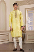 Raivat Ethnic Banarasi Art Silk Hand Work Kurta Pajama In Lemon Yellow Colour | Grocsy