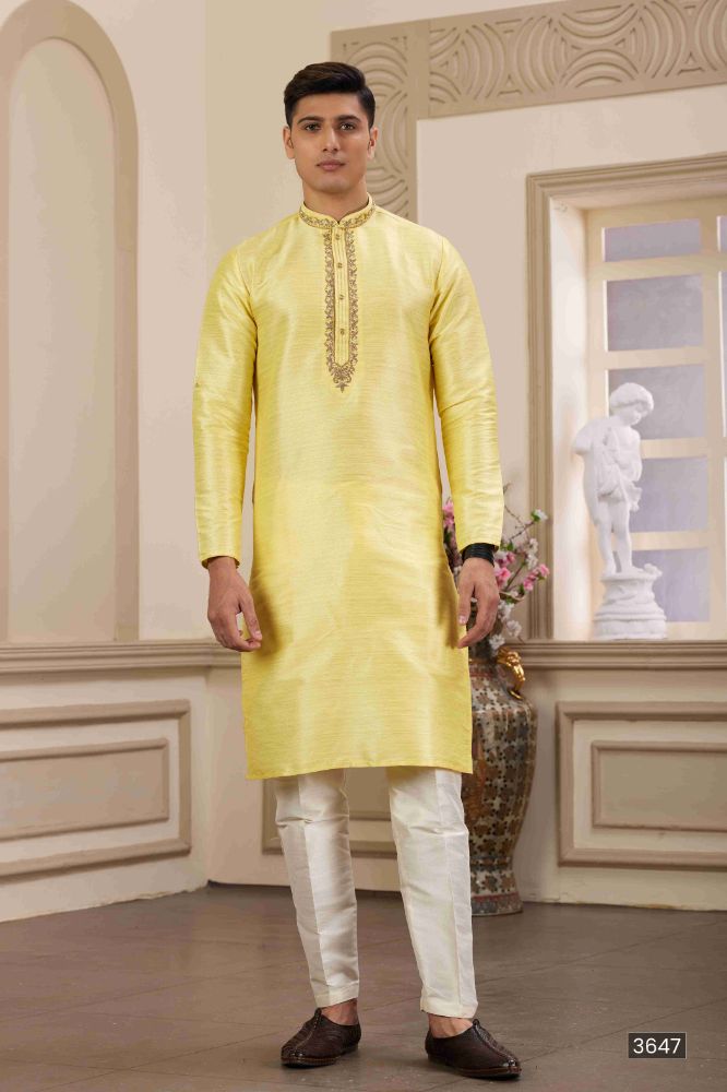 Raivat Ethnic Banarasi Art Silk Hand Work Kurta Pajama In Lemon Yellow Colour | Grocsy