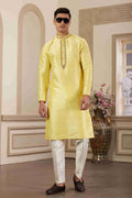 Raivat Ethnic Banarasi Art Silk Hand Work Kurta Pajama In Lemon Yellow Colour | Grocsy