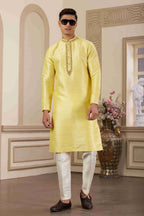 Raivat Ethnic Banarasi Art Silk Hand Work Kurta Pajama In Lemon Yellow Colour | Grocsy