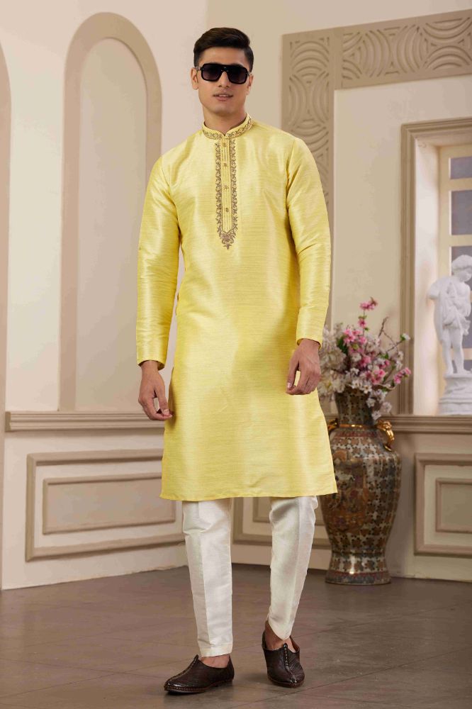 Raivat Ethnic Banarasi Art Silk Hand Work Kurta Pajama In Lemon Yellow Colour | Grocsy